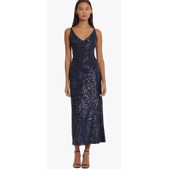 Donna Morgan Women's Sequin V-Neck Spaghetti Strap Midi Dress with High Slit - Picture 1 of 8